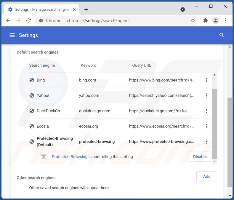 Rimozione di protected-browsing.xyz dal motore di ricerca predefinito di Google Chrome