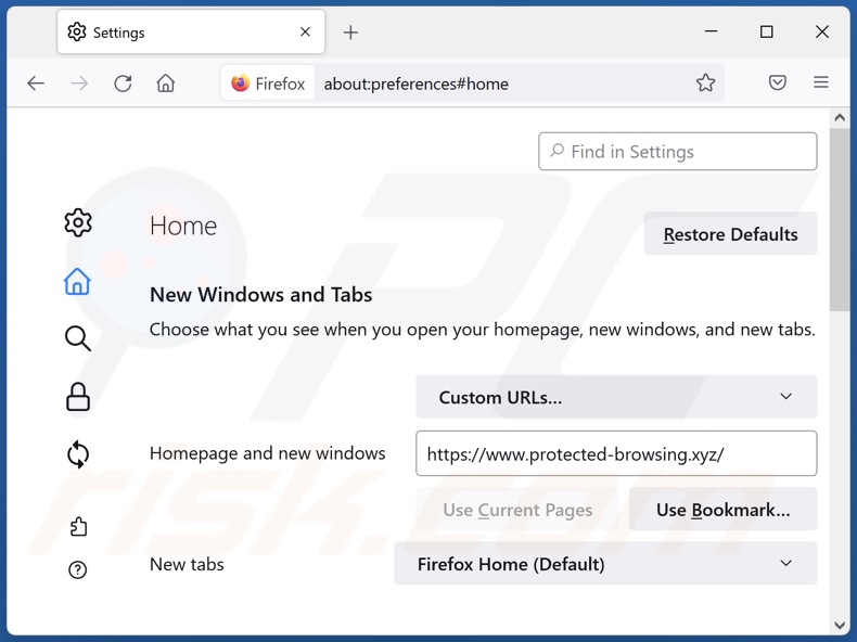 Rimozione di protected-browsing.xyz dalla home page di Mozilla Firefox