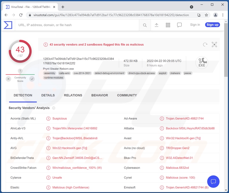 Rilevamenti di malware Prynt Stealer su VirusTotal