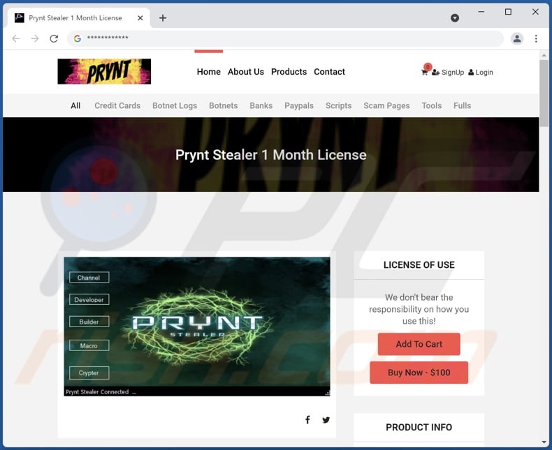 Screenshot del sito web utilizzato per promuovere Prynt Stealer