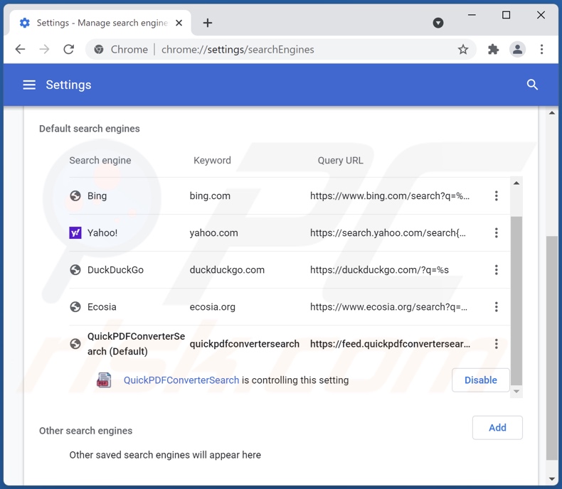 Rimozione di quickpdfconvertersearch.com dal motore di ricerca predefinito di Google Chrome