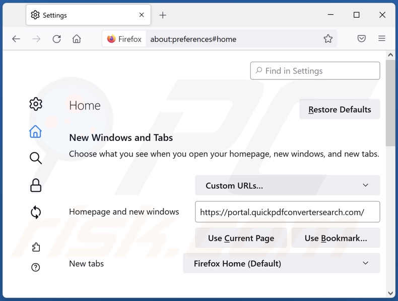 Rimozione di quickpdfconvertersearch.com dalla home page di Mozilla Firefox