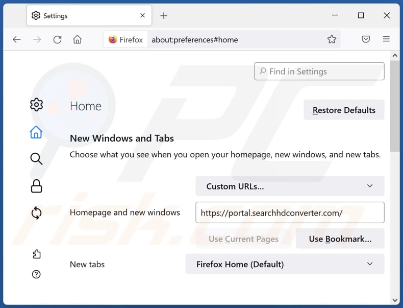 Rimozione di searchhdconverter.com dalla home page di Mozilla Firefox