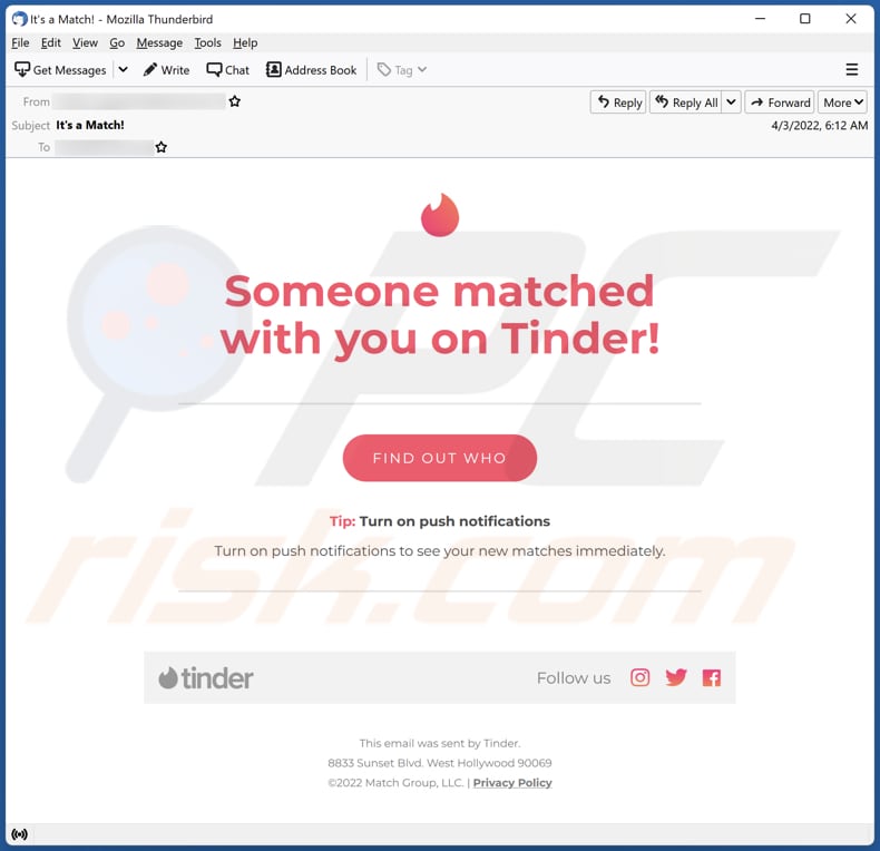 Someone matched with you on Tinder! email truffa