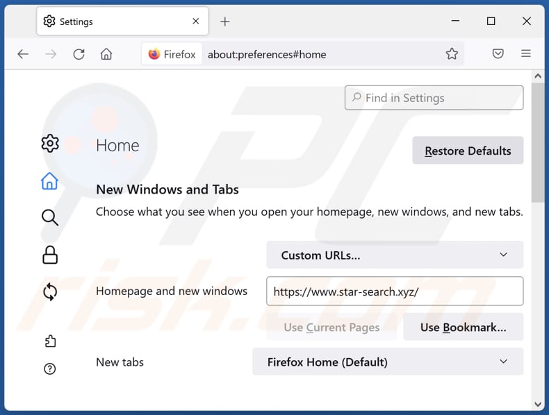 Rimozione di star-search.xyz dalla home page di Mozilla Firefox