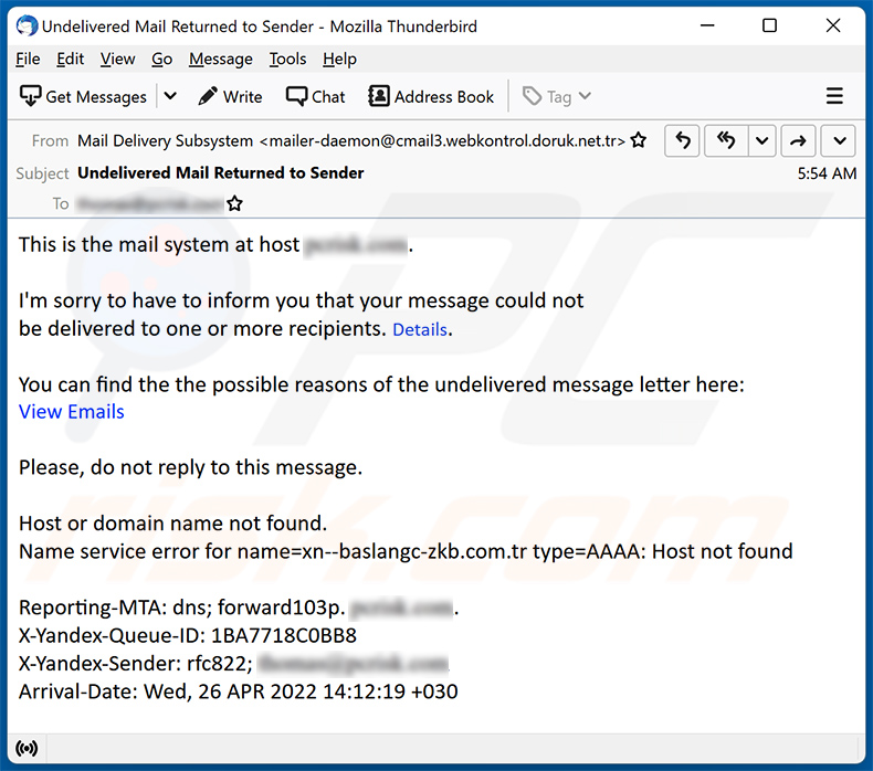 Un altro esempio di spam a tema posta non recapitata utilizzato per promuovere un sito di phishing (2022-04-26)