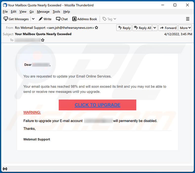 Un altro esempio di email spam a tema di aggiornamento della posta elettronica utilizzato per promuovere un sito di phishing (2022-04-13)