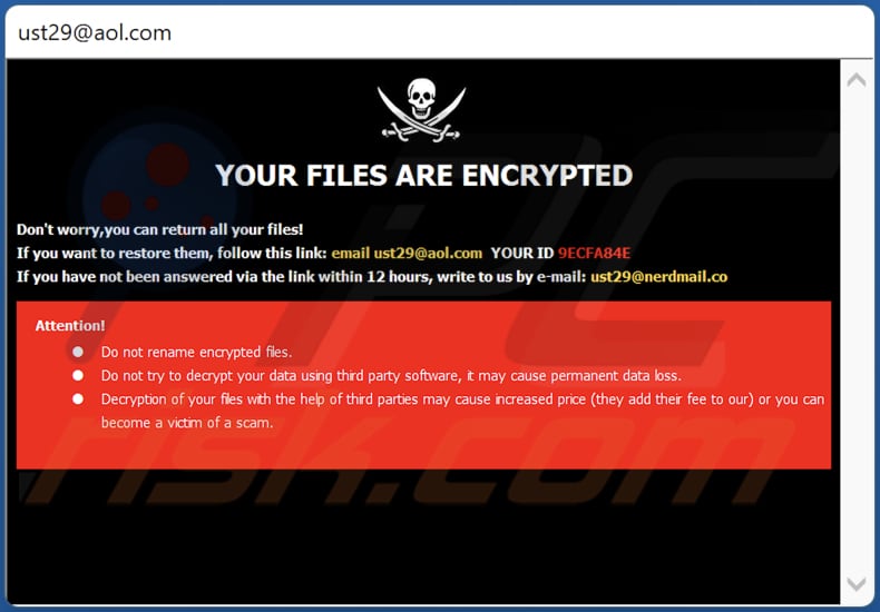 Finestra pop-up della nota di riscatto del ransomware Ust29