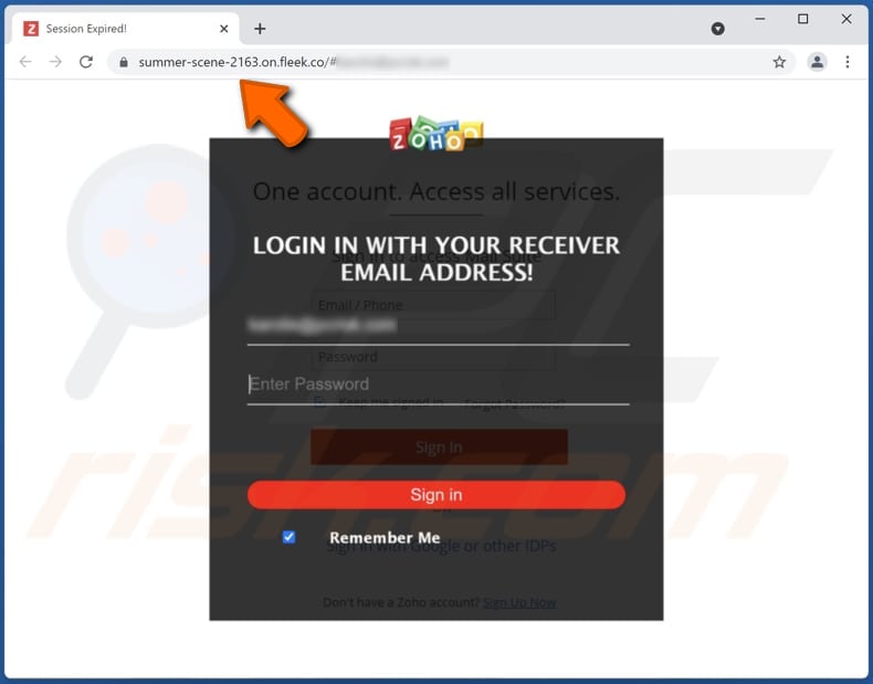 Screenshot di un sito Web di phishing utilizzato per rubare le password