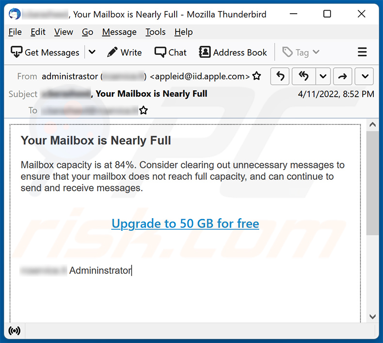 Un altro esempio di posta indesiderata a tema della capacità della casella di posta che promuove un sito di phishing (2022-04-13)