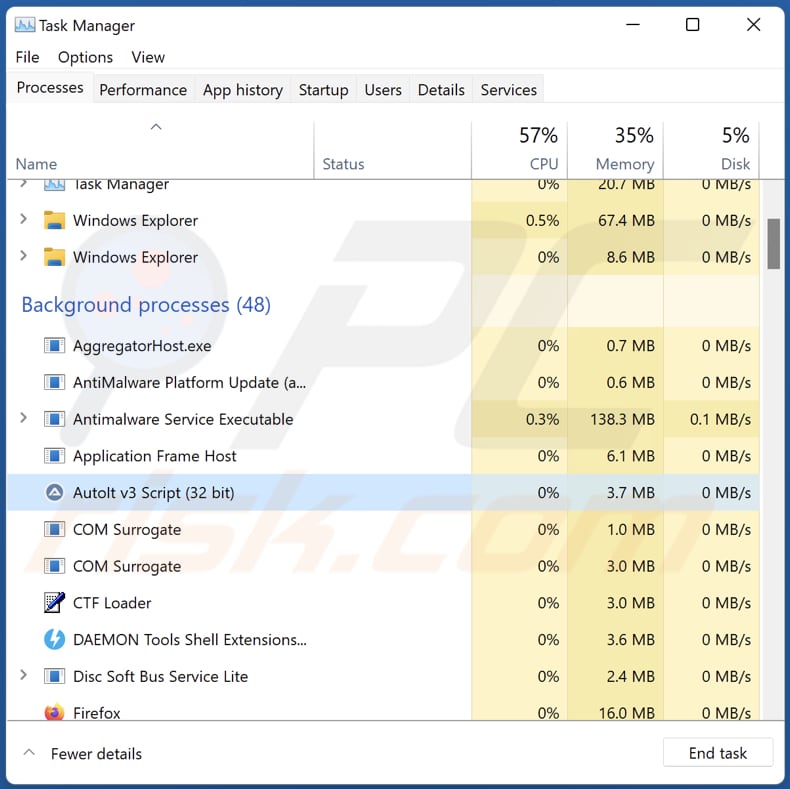 Processo di clipper dannoso 3Ex2BJT2aiqDJKPAFeuWMbB4T6MhML384p (Script Autolt v3) in esecuzione nel Task Manager