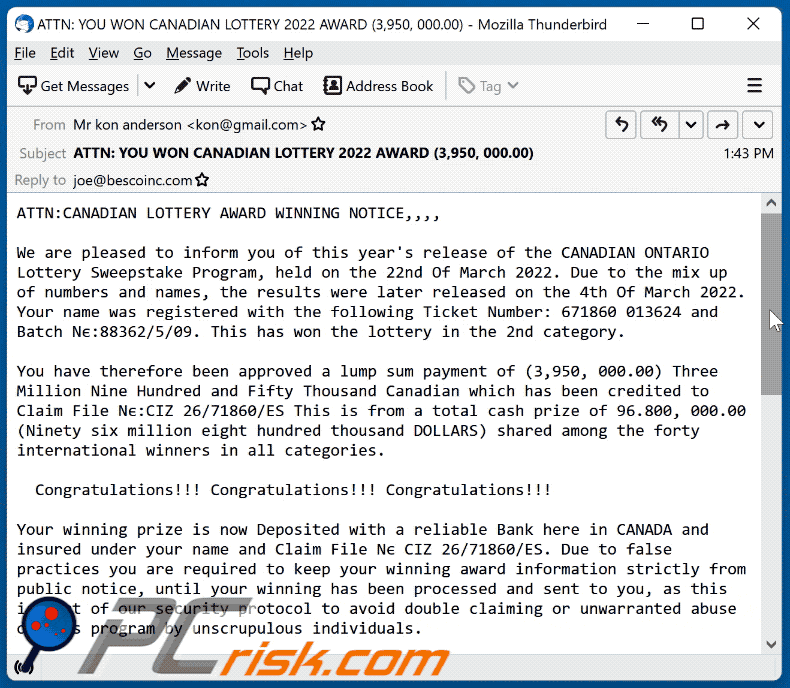 canadian lottery aspetto della truffa via e-mail