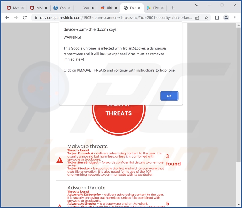 Screenshot dei risultati di scansione falsi e del pop-up visualizzato dalla truffa 