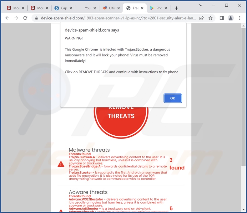 Screenshot dei risultati di scansione falsi e del pop-up visualizzato dalla truffa 