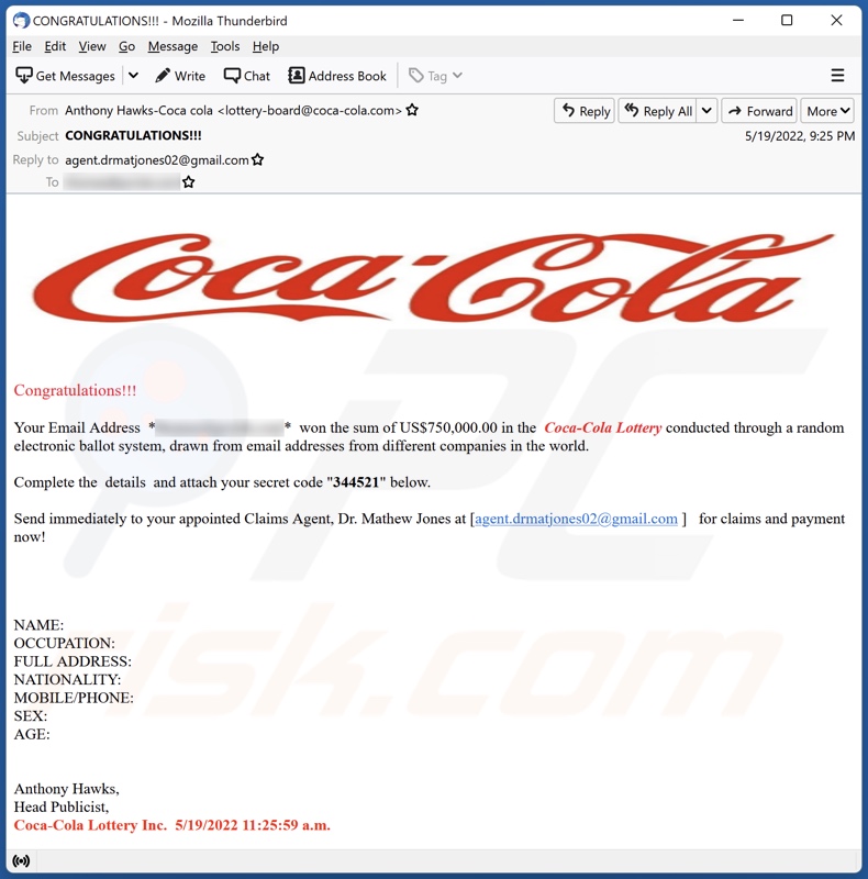 Campagna spam email della lotteria Coca Cola