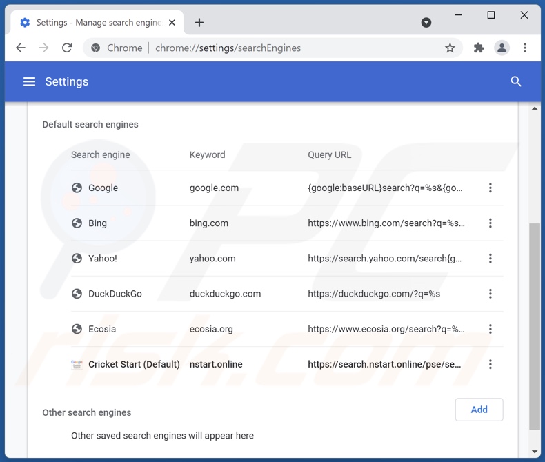 Rimozione di search.nstart.online dal motore di ricerca predefinito di Google Chrome