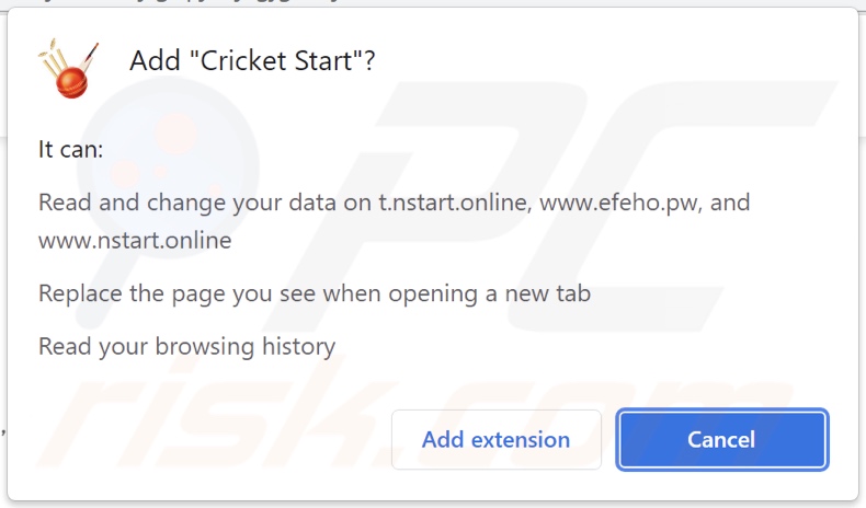 Permessi richiesti dal dirottatore del browser Cricket Start