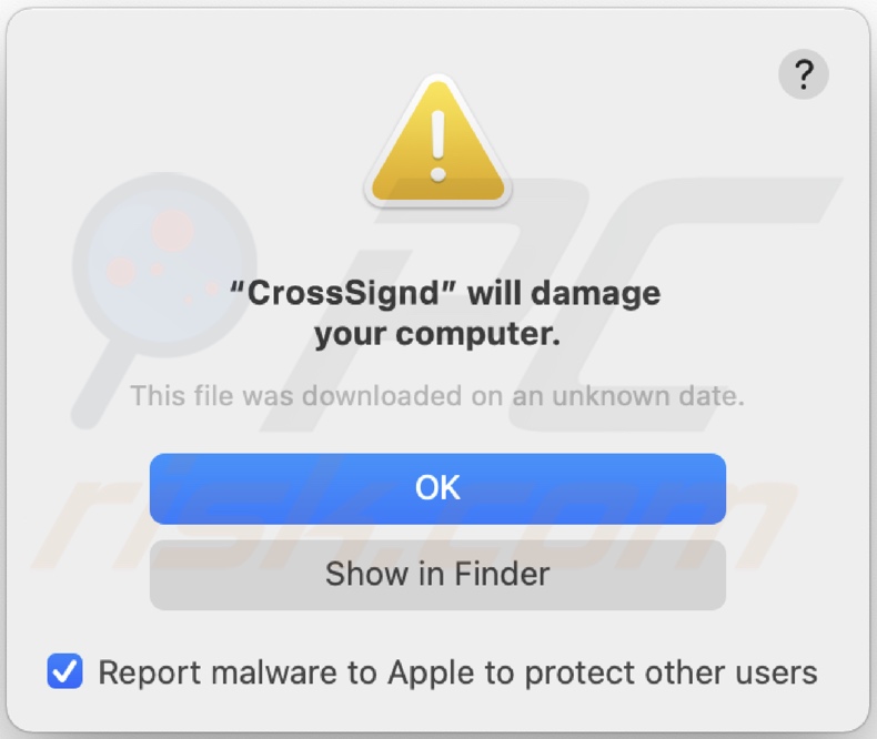 Screenshot della finestra pop-up visualizzata quando l'adware CrossSign è presente nel sistema