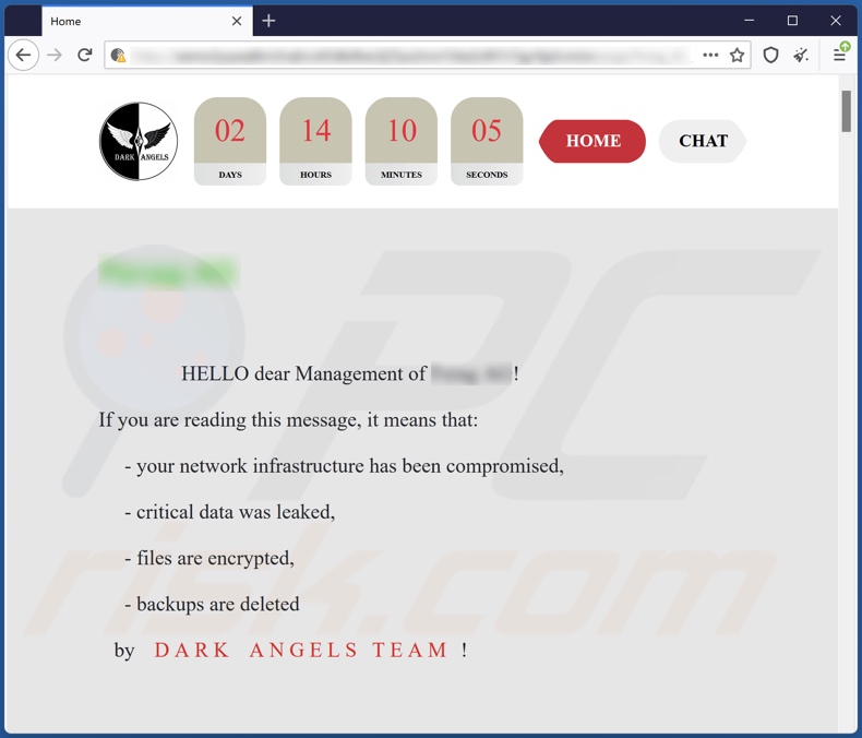 Screenshot del sito Web della rete Tor di Dark Angels Team ransomware