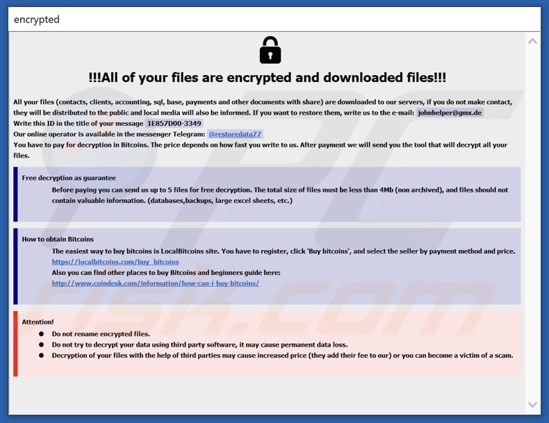 Screenshot della richiesta di riscatto di Decrypt nel file HTA (