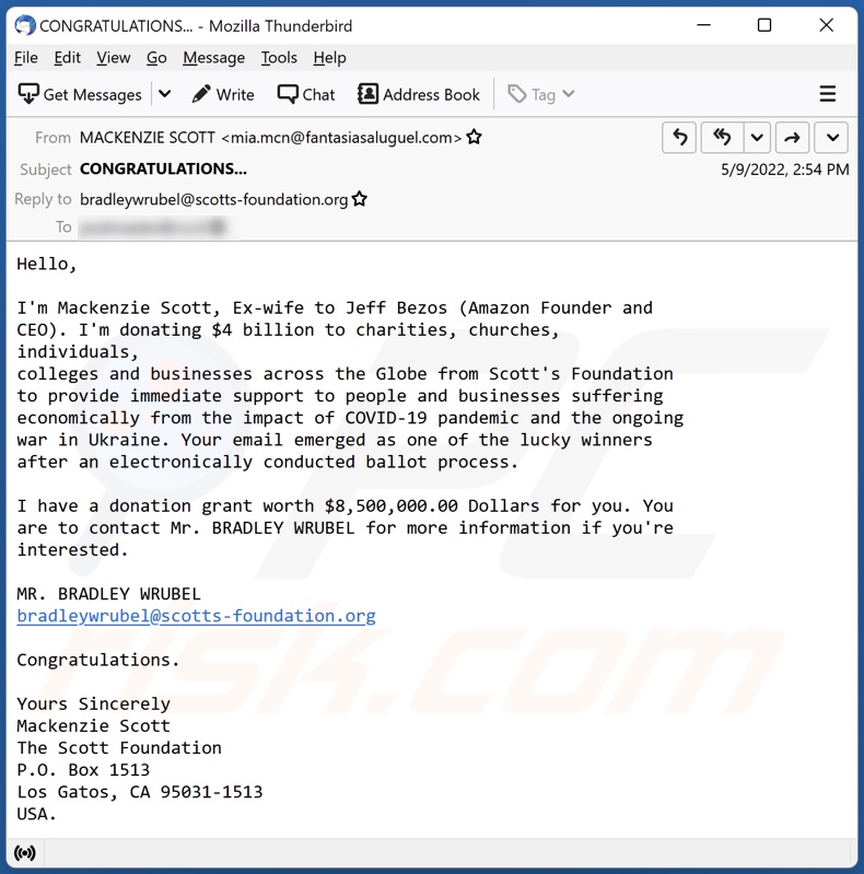 Donation Grant For You campagna di spam via e-mail