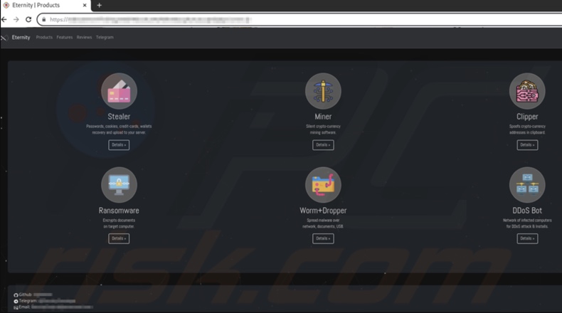 Screenshot del sito Web Tor utilizzato per promuovere il malware Eternity