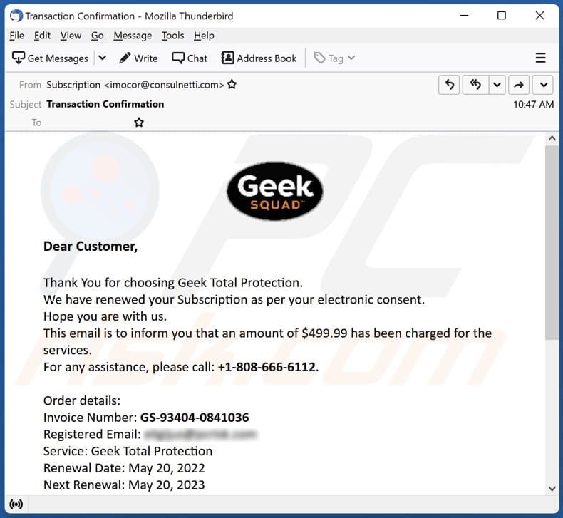 Truffa email Geek Squad