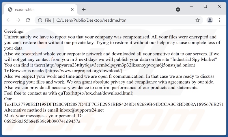 Screenshot del file HTML di Industrial Spy Market ransomware (