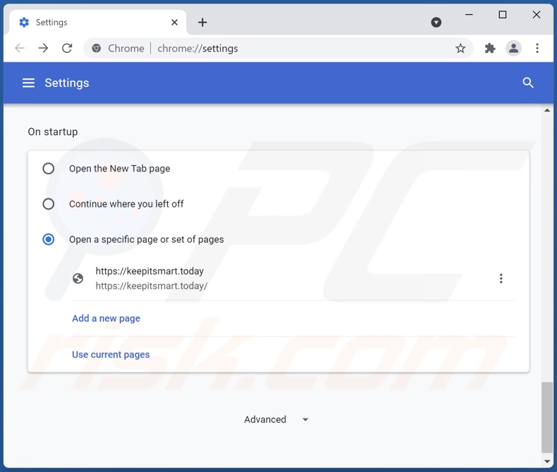 Rimozione di keepitsmart.today dalla home page di Google Chrome