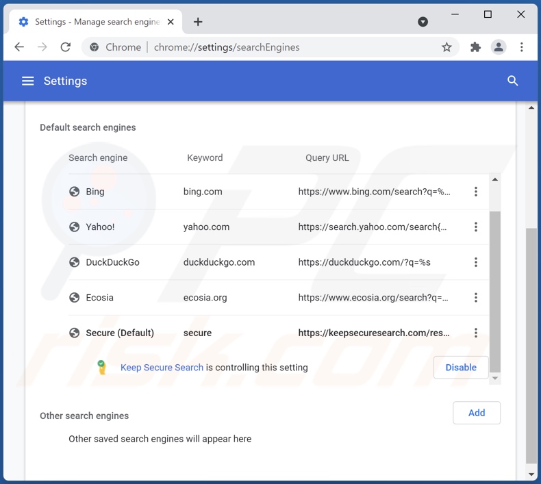 Rimozione di keepsecuresearch.com dal motore di ricerca predefinito di Google Chrome