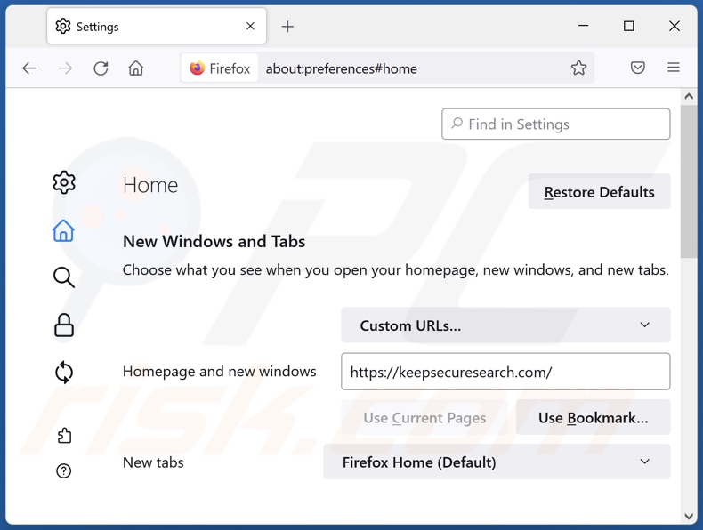 Rimozione di keepsecuresearch.com dalla home page di Mozilla Firefox