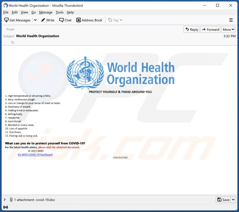 Email mascherata da lettera dell'OMS contenente l'allegato utilizzato per consegnare Nerbian RAT