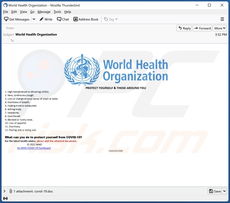 Email mascherata da lettera dell'OMS contenente l'allegato utilizzato per consegnare Nerbian RAT