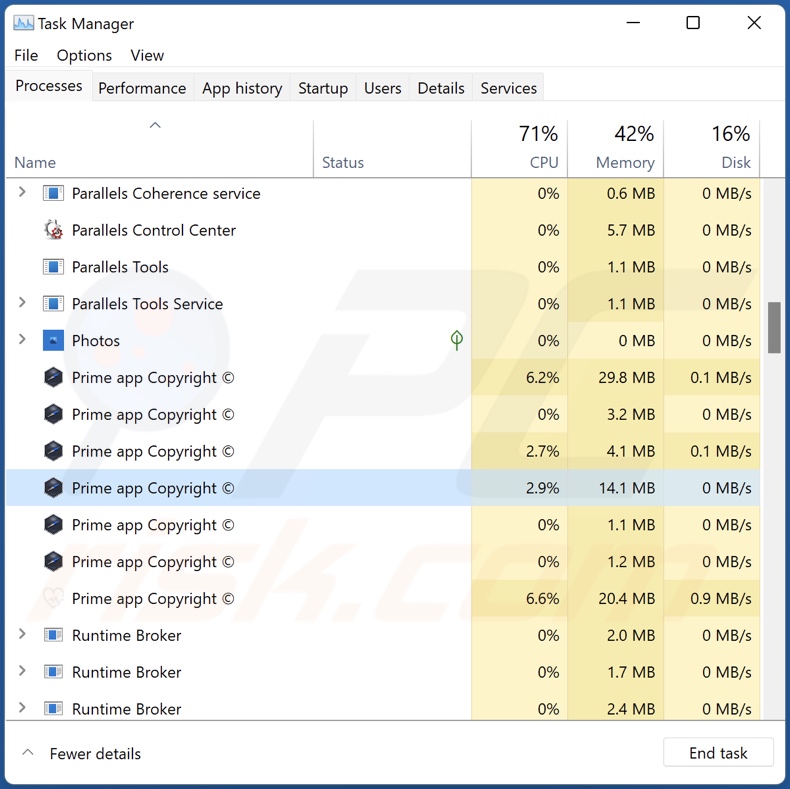 Screenshot del processo di Prime adware su Task Manager di Windows (nome del processo 