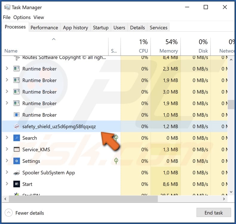 Malware Safety Shield in esecuzione nel Task Manager