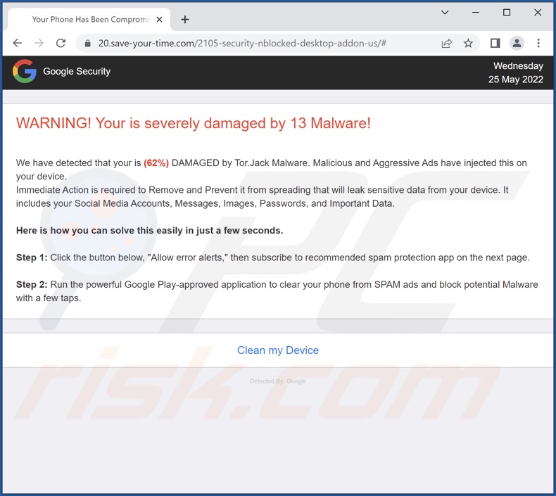 Screenshot della pagina di sfondo del sito truffa 