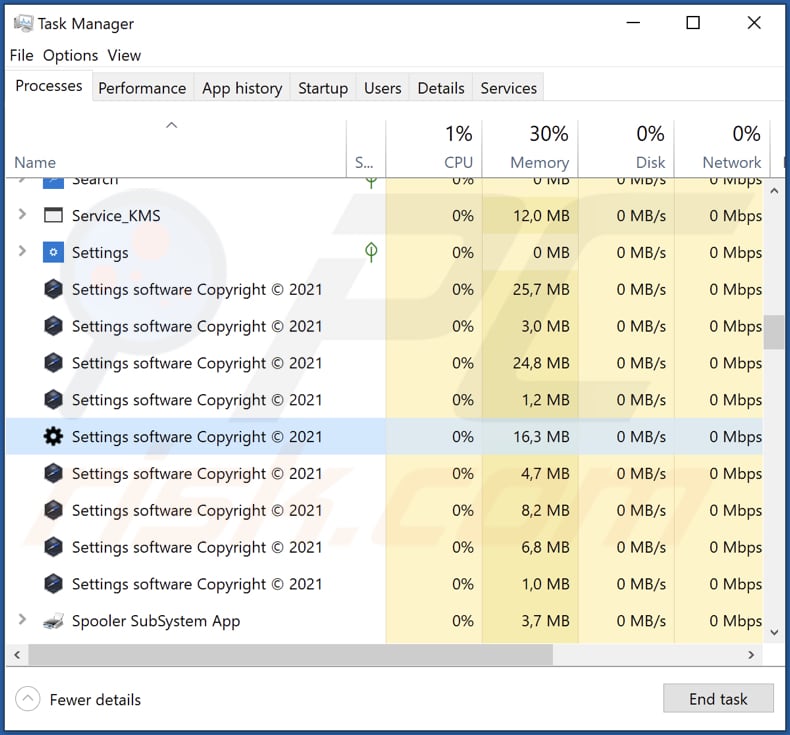 L'adware Settings viene eseguito nel Task Manager come 