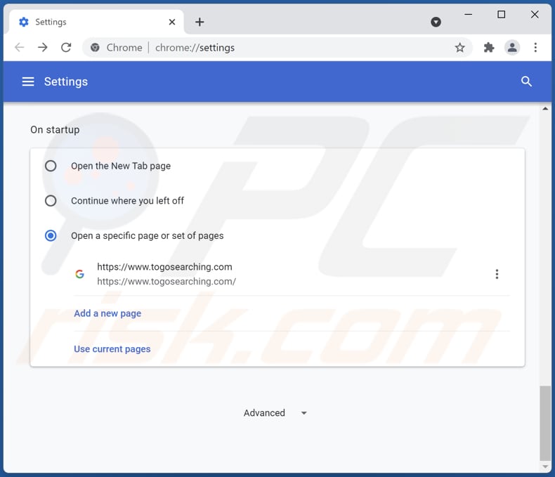 Rimozione di togosearching.com dalla home page di Google Chrome