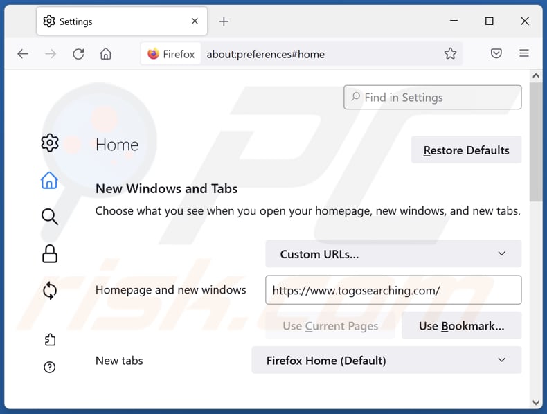 Rimozione di togosearching.com dalla home page di Mozilla Firefox