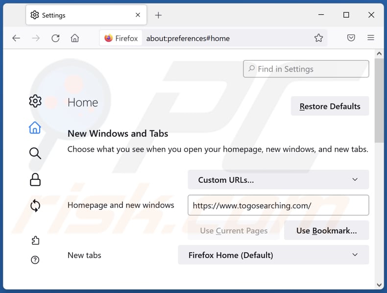 Rimozione di togosearching.com dalla home page di Mozilla Firefox