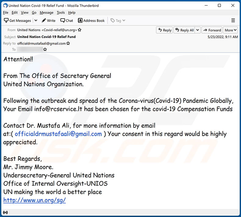 UNITED NATIONS COVID COMPENSATION truffa via e-mail (2022-05-25)