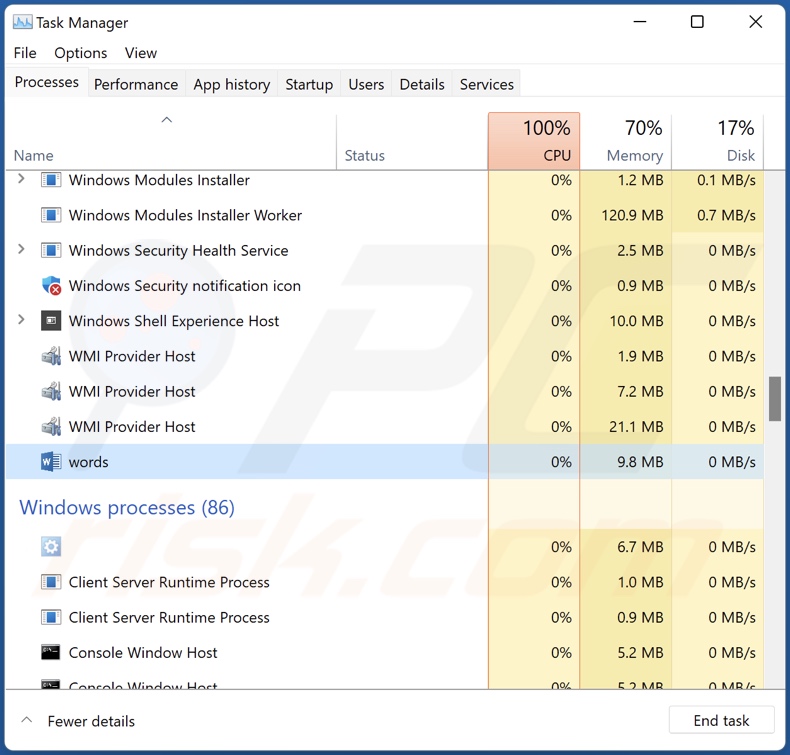 Screenshot del processo del malware Words su Task Manager di Windows (nome del processo 