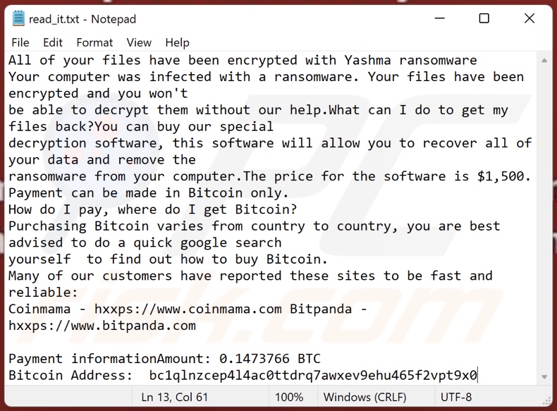 Screenshot del file di testo di Yashma ransomware (