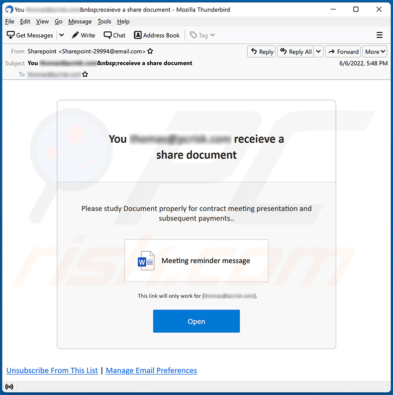 Un altro esempio di e-mail di spam a tema condivisione di file che promuove un sito di phishing