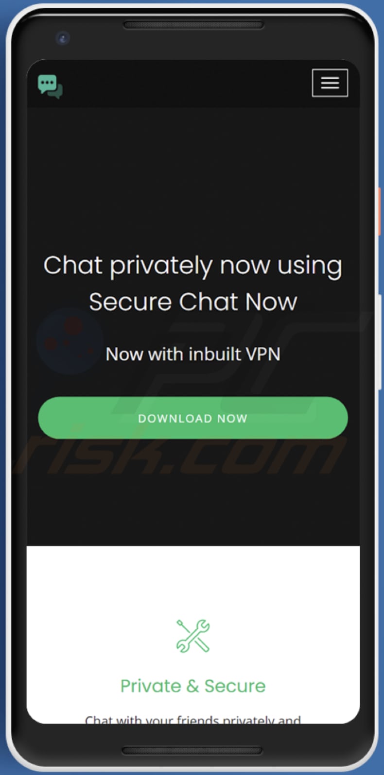 Screenshot della versione mobile del sito securechatnow[.]com