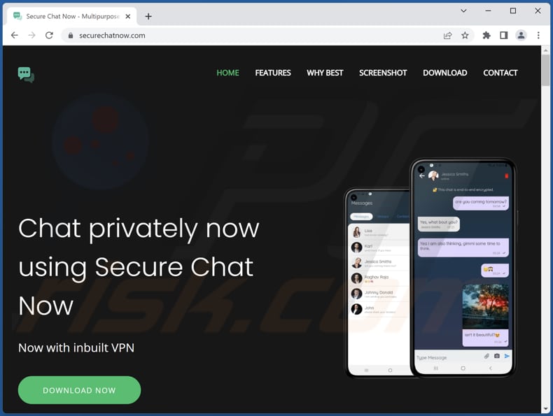 Screenshot del sito (securechatnow[.]com) che distribuisce Bahamut spyware