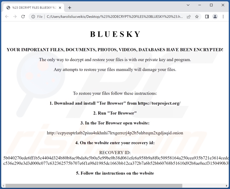 BlueSky ransomware ransom-demScreenshot del file HTML di BlueSky ransomware (