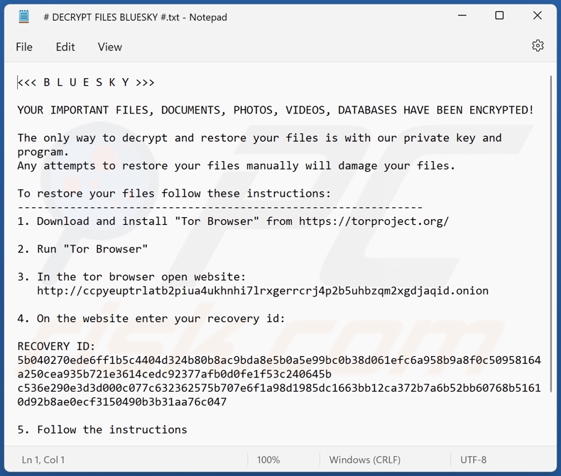 Screenshot del file di testo di BlueSky (