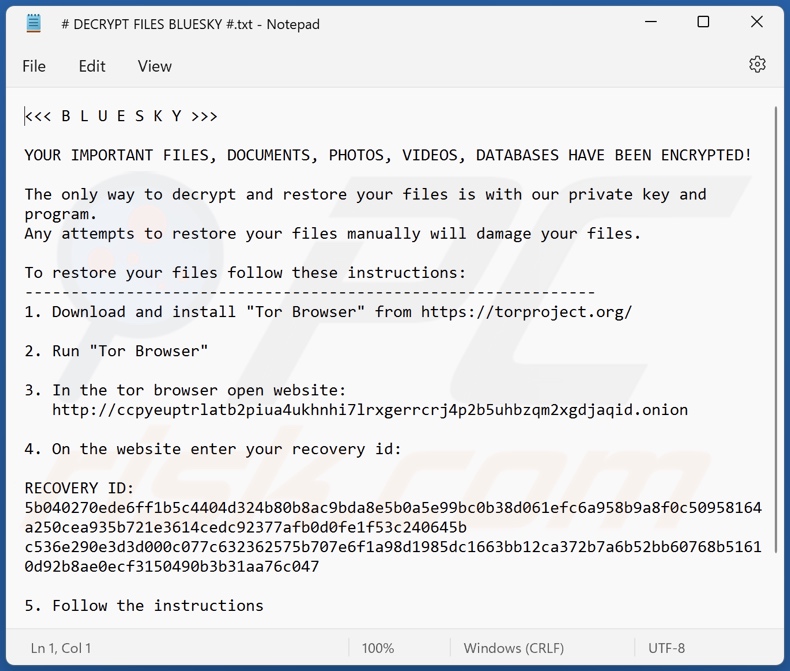 Screenshot del file di testo di BlueSky (