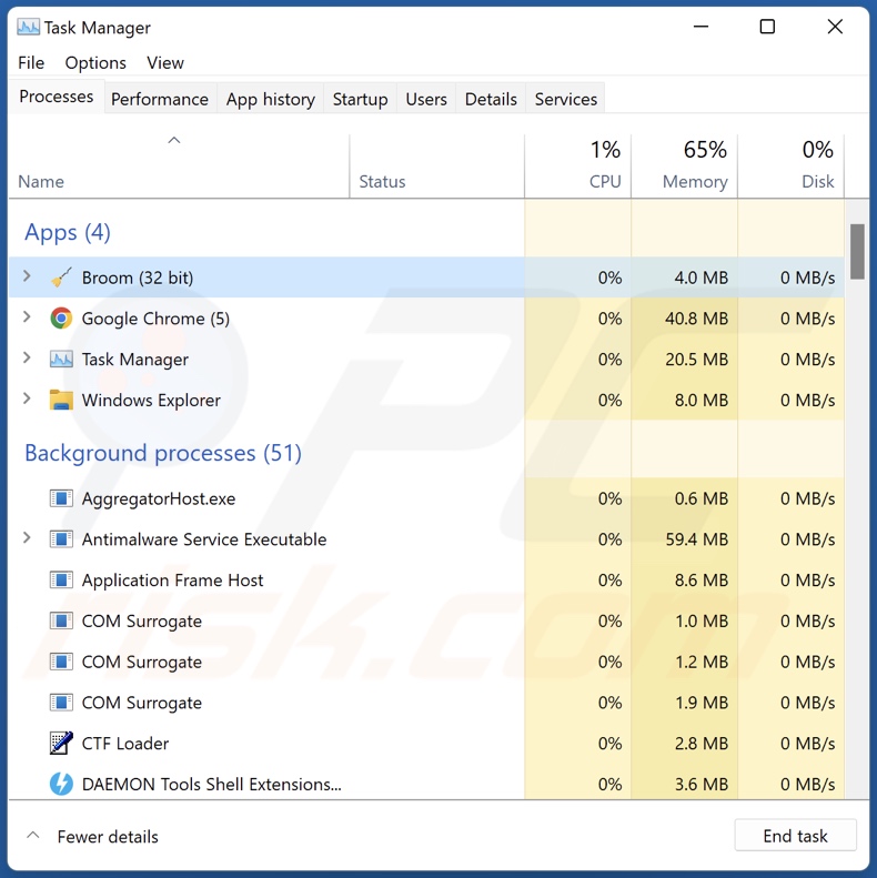 Processo dell'applicazione Broom Cleaner nel Task Manager di Windows (nome del processo 